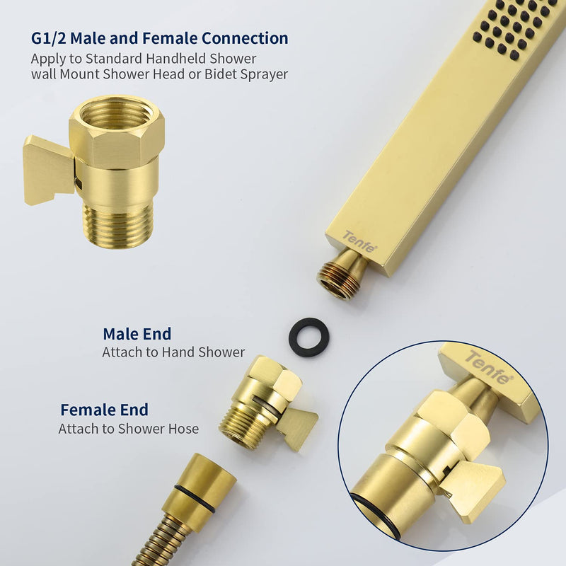 Tenfe Water Flow Control Valve for Shower Head, Glod Adjustable Water Pressure Regulator for Hand Held Shower Head Shut Off Valve, Brushed Brass Water Saver G1/2 Standard Connection