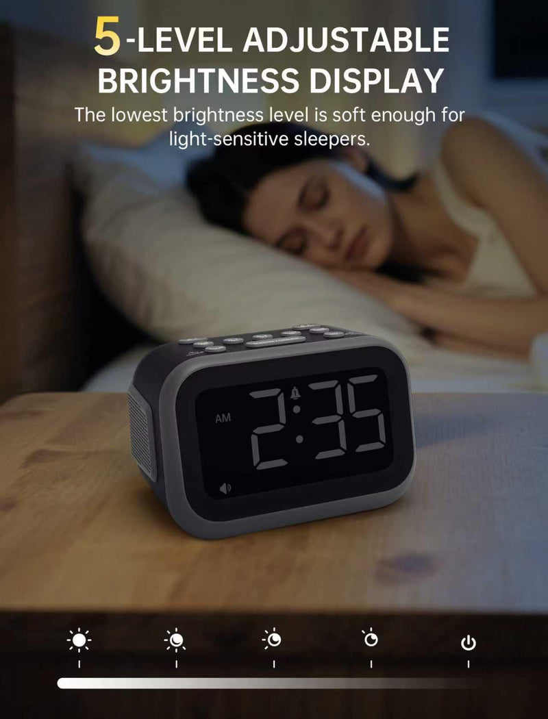 Super Loud Alarm Clock: 115dB Dual Alarms and 6 Alarm Sounds for Heavy Sleepers - Adult Shift Workers in Bedroom or Daily Wake-Up Use - Gray Gray - White Digits