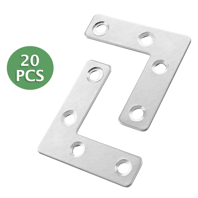 Uenhoy 20 Pcs L Shape Flat Mending Plates 50mm x 50mm (2" x 2") Flat Corner Braces, Right Angle Photo Frame Bracket, Silver 50x50mm/2"x2"