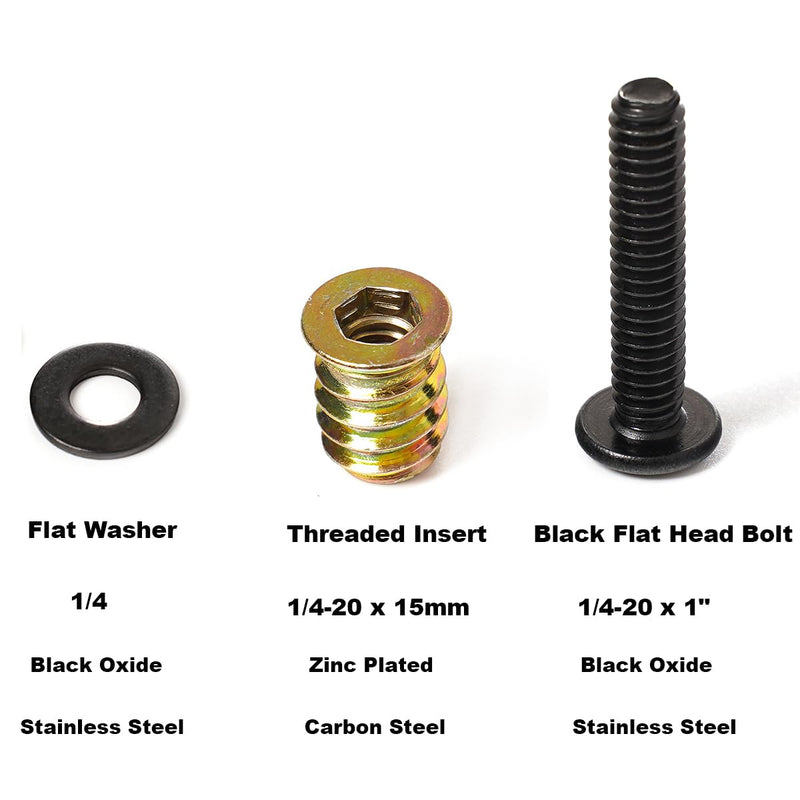 1/4-20 Threaded Insert and Bolt for Wood, Furniture Screw Nut 3/5" Long, Stainless Steel Black Oxide Flat Head Bolts 1/4-20 x 1, 1/4 Black Washers, 30-Set