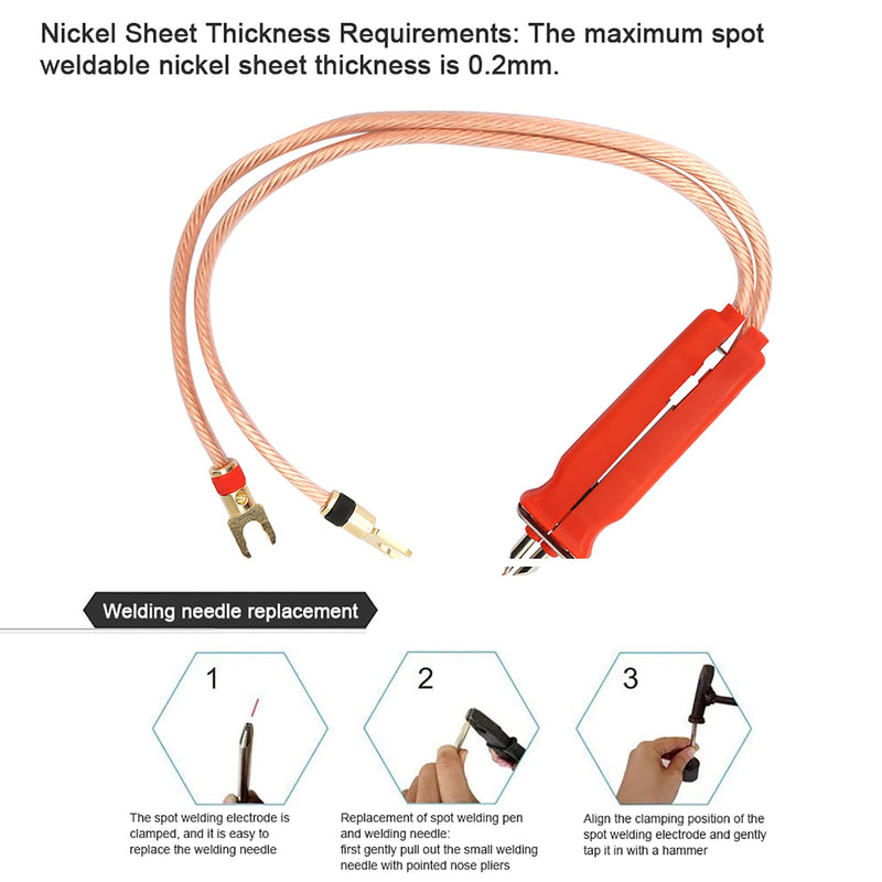 Spot Welding Pen, High Power 1900W Adjustable Pulse Welding Tool for Battery Packs DIY Repair Low Oxygen Copper 2 to 7mm Spacing 1 Welding Pen 2 Copper Wires 1 Hex Wrench
