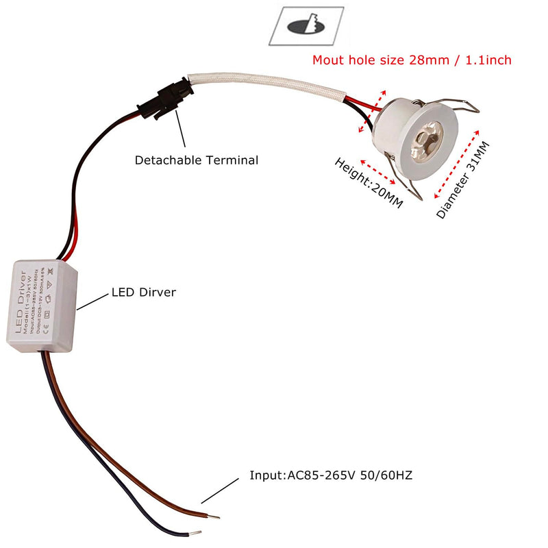 2Pack 1W Mini Spotlights Indoor Recessed Ceiling Showcase Display Under-Cabinet Lights Fixture with AC 110V/220V to DC 3-12V LED Driver Power Supply 3000K Warm-White Lighting White-Shell