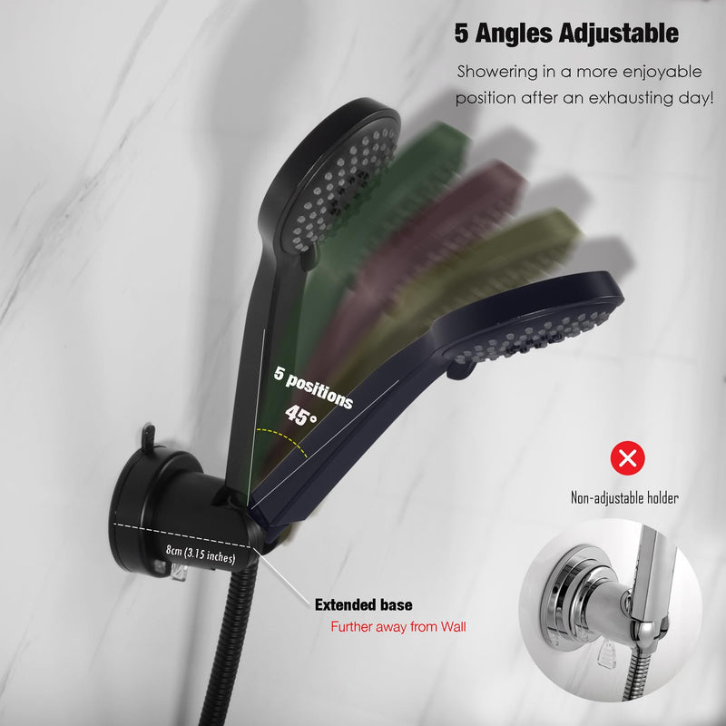 Handle held Shower Head Holder Suction Cup - Retachable - 5 Positions Adjustable - Bathroom Wall Mounted Shower Hose Holder - (Matte Black) Matte Black