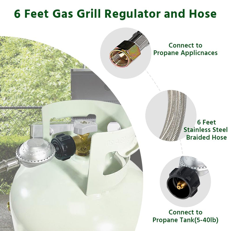 6FT Propane Regulator with Stainless Steel Braided Hose 3/8" Flare Connector & Flat Face Relief Valve for Gas Grills, Heaters, Fire Pits Durable Rubber/Steel Hybrid Hose 6 Feet 3/8" Regulator with Braided Hose