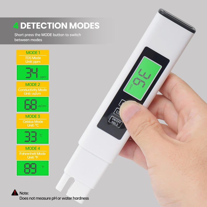 TDS Water Tester, 4 in 1 TDS Meter Digital Water Tester, Accurate and Reliable Digital TDS EC & Temp(°C,°F) Meter, 0-9990PPM Water Quality Tester for Drinking Water RO/DI System Aquarium White 7.1In