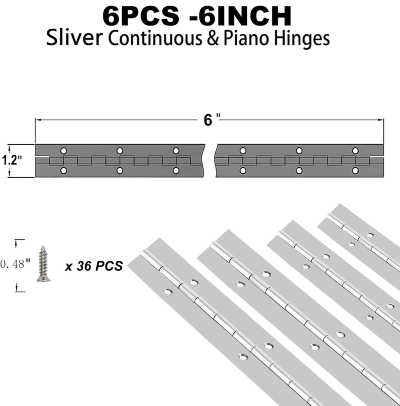 6Pack Silver Continuous & Piano Hinges 1.2" Open Width X 0.04" Thickness X 6'' Heavy Duty Piano Hinges with Hole Polished Stainless Furniture Hinges for Boats Cabinets Storage Box,36 Screw Included 6IN-6pcs-1.2in