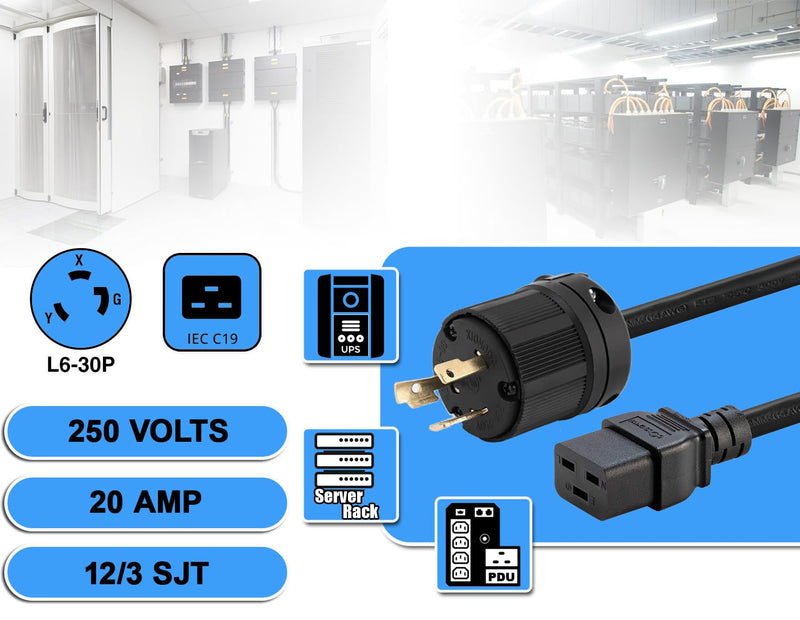 Heavy-Duty Power Cord for PDU and UPS, 20A, 12AWG, IEC-320-C19 to NEMA L6-30P, 4 ft