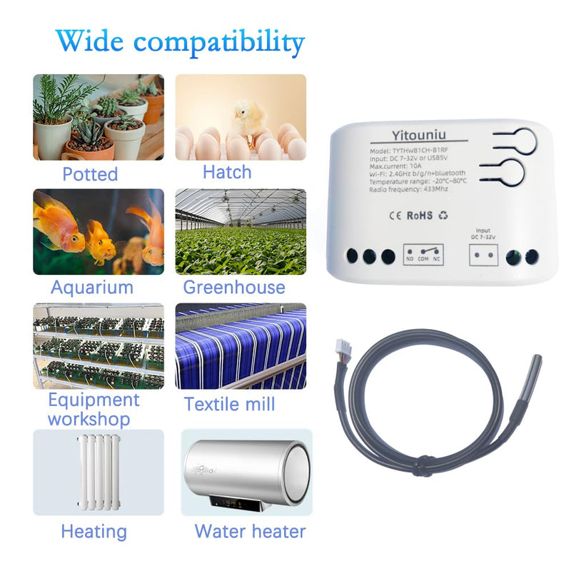 1CH AC85-250V WiFi Temp Dry Contact Controller Smart Smitch | Wireless Intelligent Monitoring, Device Sharing, for Greenhouse Hatching Fish Tank seedlings ,Smart Home,works with Alexa