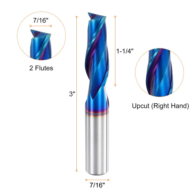 HARFINGTON Spiral Router Bit, 7/16" Cut Dia. Up Cut 2-Flute Solid Carbide End Mill with 7/16" Shank for CNC Wood Carving Engraving, 1-1/4" Cut Length, Blue Nano Coated 7/16" x 1-1/4" x 7/16" x 3"
