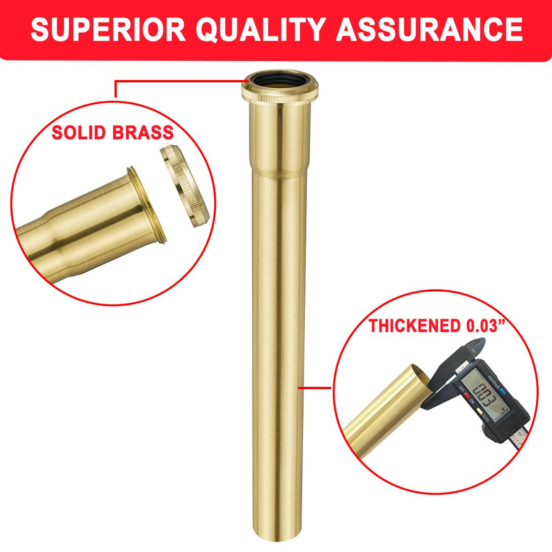 1-1/4 O.D x 12" Brass Slip Joint Extension Tube, Heavy Duty Extension Tube for Bathroom Sink Drain Tailpiece, Brushed Gold