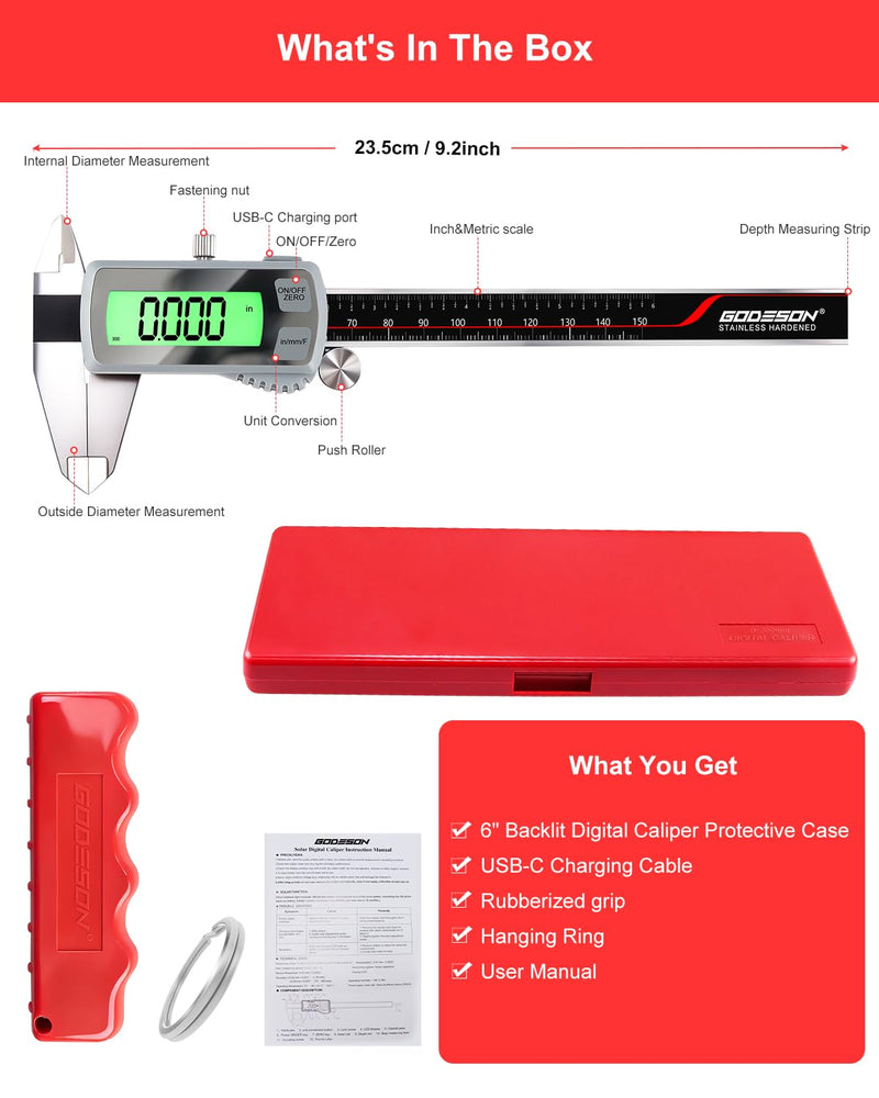 GODESON 6" Digital Caliper, USB-C Rechargeable Electronic Caliper, 0–150mm Stainless Steel, 0.02mm Accuracy, Backlit LCD, TouchButton,Inch/MM/Fraction, Measuring Tool for Woodworking, DIY
