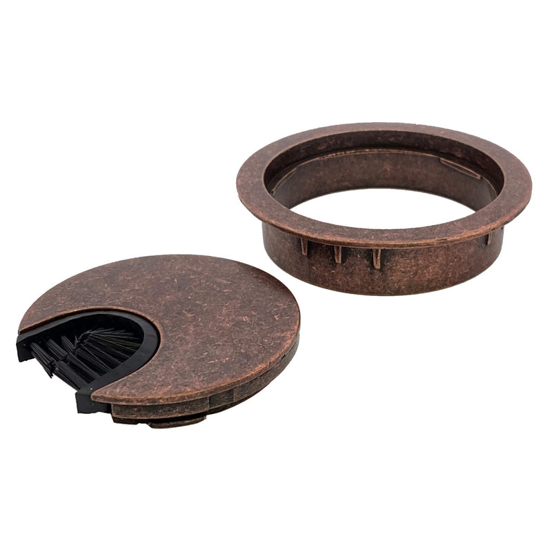 Antique Copper Metal Cable Grommet | 2 Piece "Lock in" Feature with "Brush" Opening for Management of Office & Computer Desk Wires | 60mm (2 3/8") Hole Opening | 1 Pack 1 Grommet Antique Copper