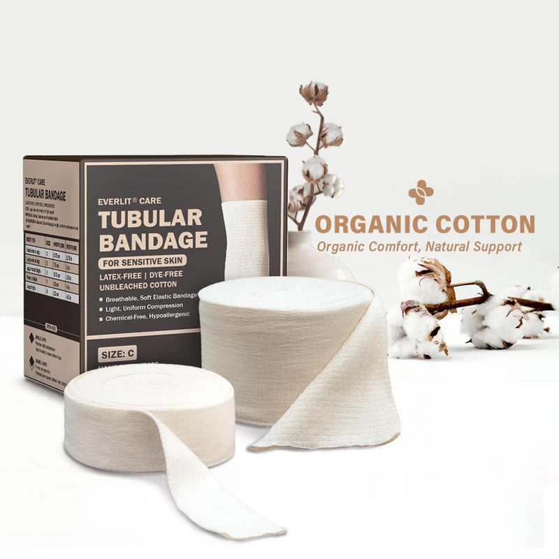 EVERLIT Organic Cotton Blend Elasticated Tubular Support Bandage | Latex-Free Stockinette Light to Moderate Compression for Arm, Knees, Legs | Tissue Support for Sensitive Skin | 4" x 11 yd Size F | 4" x 11 yd