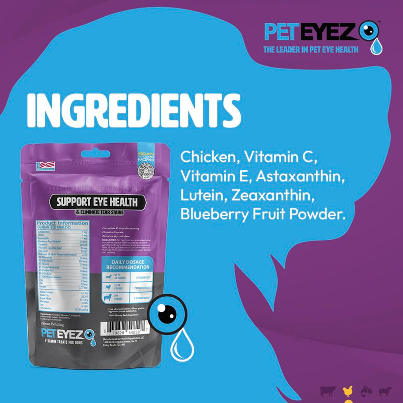 PetEyez Tear Stain Remover Vitamin Treats for Dogs - Support Eye Health & Reduce Itching & Tear Stain Buildup - 100% Natural Dog Treats with Superfoods, Antioxidants & Nutrients - Chicken - 1oz