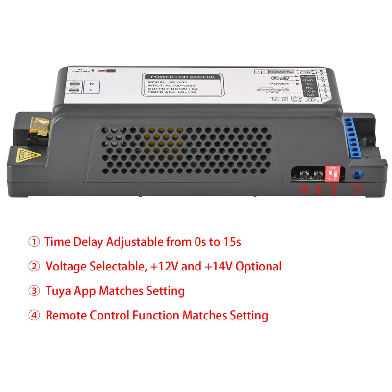 Smart Access Control Power Supply Controller, 12V/14V 3A with Delay Timer, WiFi & Tuya App Remote, 433MHz Remote Control, Compatible with Electric Locks, Door Access Systems & Intercoms