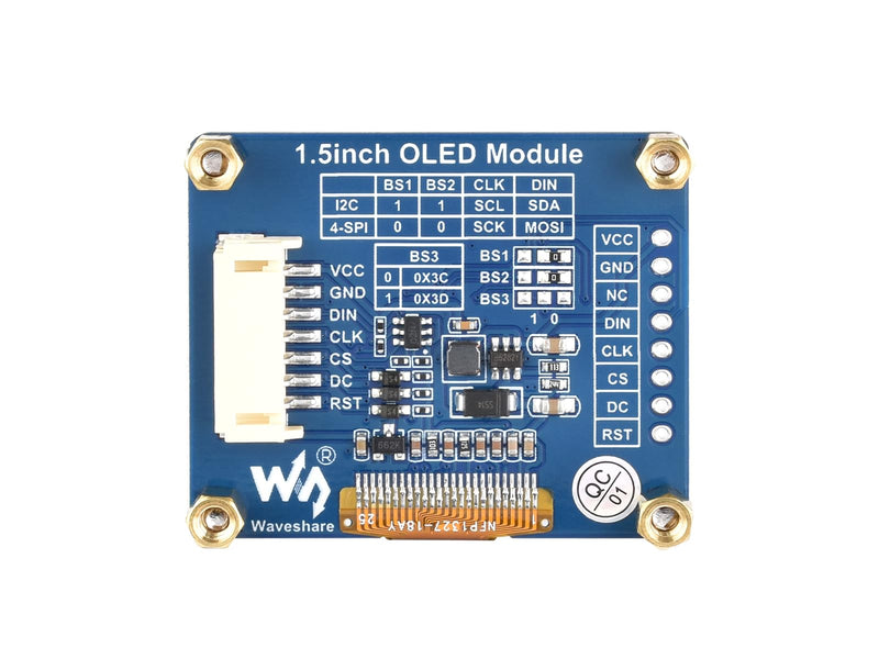 Waveshare 1.5inch OLED Display Module 128x128 Pixels 16-bit Grey Level with Embedded Controller Communicating via SPI or I2C Interface. 1.5inch OLED Module