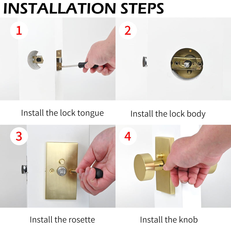 Brushed Satin Brass Golden Privacy Door Knob with Reversible Keyless Push Lock Modern Rectangle Interior Handle for Bedroom Bathroom, Heavy Duty & Easy Installation (Golden Long Plate Lock) Golden Long Plate Lock