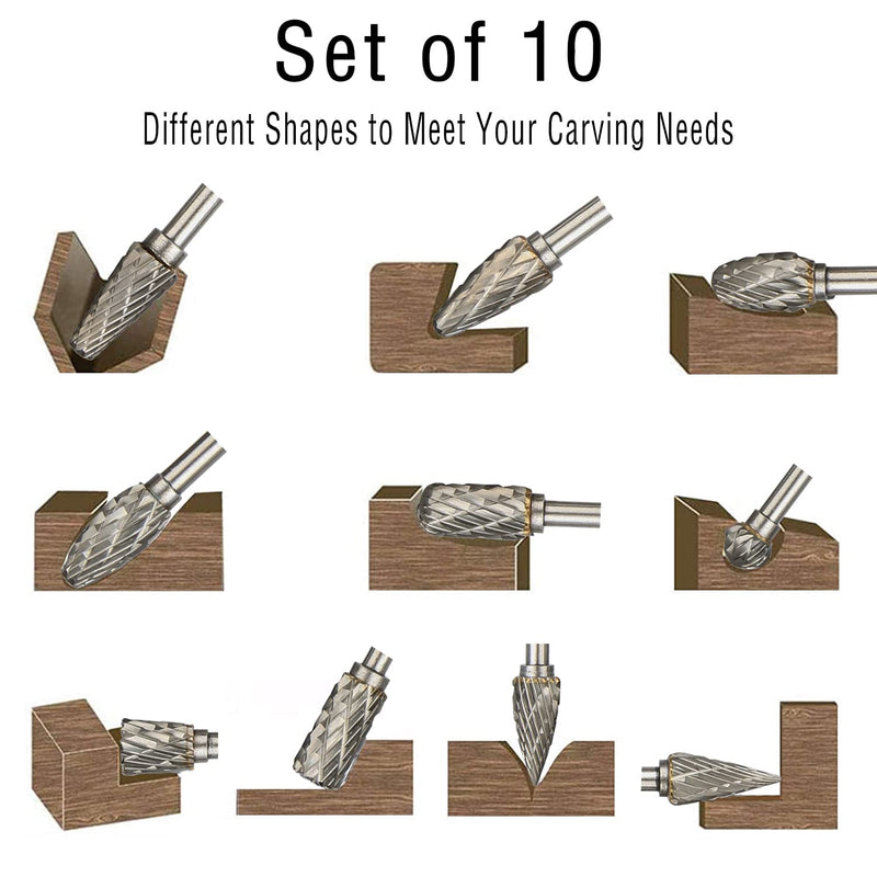 Long Carbide Rotary Burr Set Compatible with Dremel, 10Pcs Double Cut 1/8" Shank 1/4" Head 100MM Length Tungsten Steel Carving Burr Bits for Drilling, Woodworking, Steel Metal Polishing, Engraving 100MM Length 6mm burr head