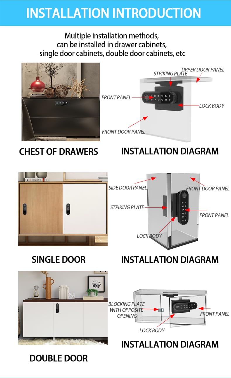 Waterproof Smart Fingerprint Cabinet Lock with USB Key for Wooden Furniture Drawer and Wardrobe