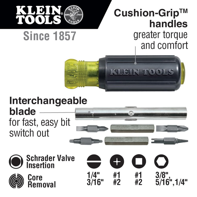 Klein Tools 32527 Multi-Bit Screwdriver / Nut Driver, 11-in-1 with Phillips, Slotted, Square, and Schrader Bits and Nut Drivers Kit Multi-Bit Screwdriver/Nut Driver
