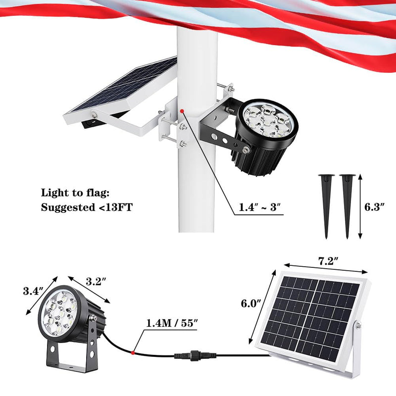 Solar Flag Pole Light, Flagpole Light Solar Powered Outdoor Bright LED 6000K Dusk to Dawn IP65 Waterproof with Bracket Clamp Fits 1.4-3” Pole Mount and Stakes for Ground Wall Mounting 4 Volts
