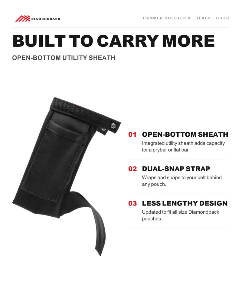 Diamondback Hammer Holster X - Hammer & Pry Bar Holder for Tool Belt | Open-bottom utility sheath with side-carry design - fits behind any size pouch - 10 x 5 x 2 in, just 0.44 lb Black Left Side