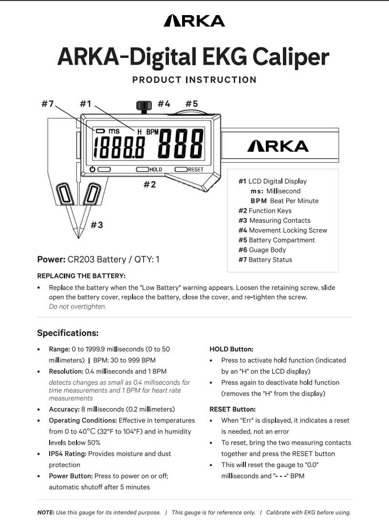 ARKA Digital EKG Calipers – Instant Heart Rate & Interval Measurement, One-Hand Operation, Large LCD Display, Electrocardiographs Measuring Tool for Doctors, Nurses, Medical Student