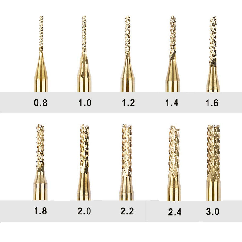 Titanium Coated Engraving Milling Cutter Carbide Bits, 0.8-3mm, 1/8'' Shank, 10 Pieces, for Dremel Rotary Tools