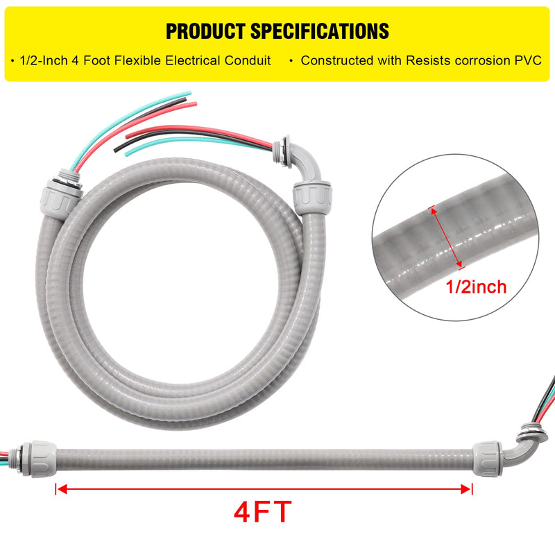 Power Whip Assembly Kit -1/2" x 4ft Non-Metallic Liquid Tight with 10 Gauge Wire Electrical AC Whip Kit Flexible Electrical Conduit & straight/90°Fittings
