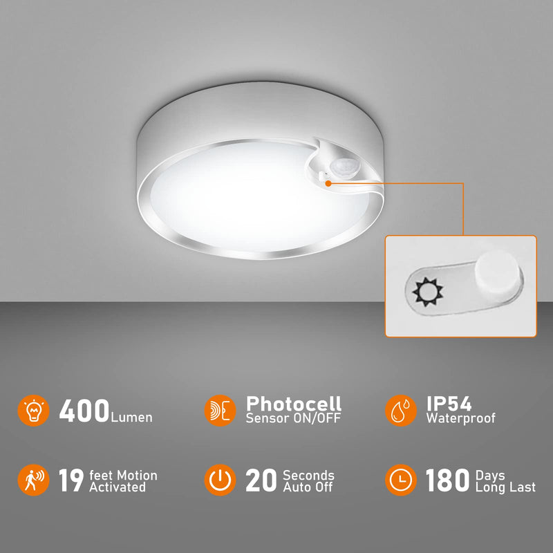 TOOWELL Motion Sensor Ceiling Light Battery Operated Indoor/Outdoor LED Ceiling Lights for Closet Hallway Pantry Laundry Stairs Garage Bathroom Shower Porch Shed Wall 400LM Motion Activated Light White