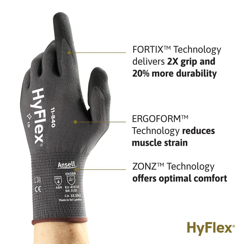 Ansell HyFlex 11-840 Ergonomic Abrasion-Resistant Nylon Spandex Nitrile Coated Industrial Gloves for Automotive, Fabrication Size 6 (XS) 12 Pairs