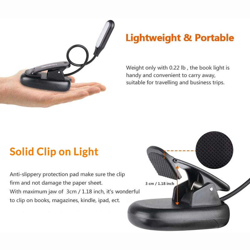 LEPOWER Clip on Book Light/Reading Light/Clip Light with 5 LED Eye Care, 3 Color Changeable, Portable Reading Lamp, Battery & USB Operated, Bed Light for Kids, Bookworms, Students(Black) Black