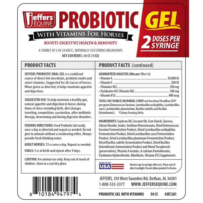 Jeffers Equine Probiotic Oral Gel for Horses, 30 cc Syringe – Supports Healthy Gut, Natural Appetite & Digestion, Horse Supplement w/Prebiotics, Live Microbials (30M CFU), Vitamins A B E, USA Made 1 Pack