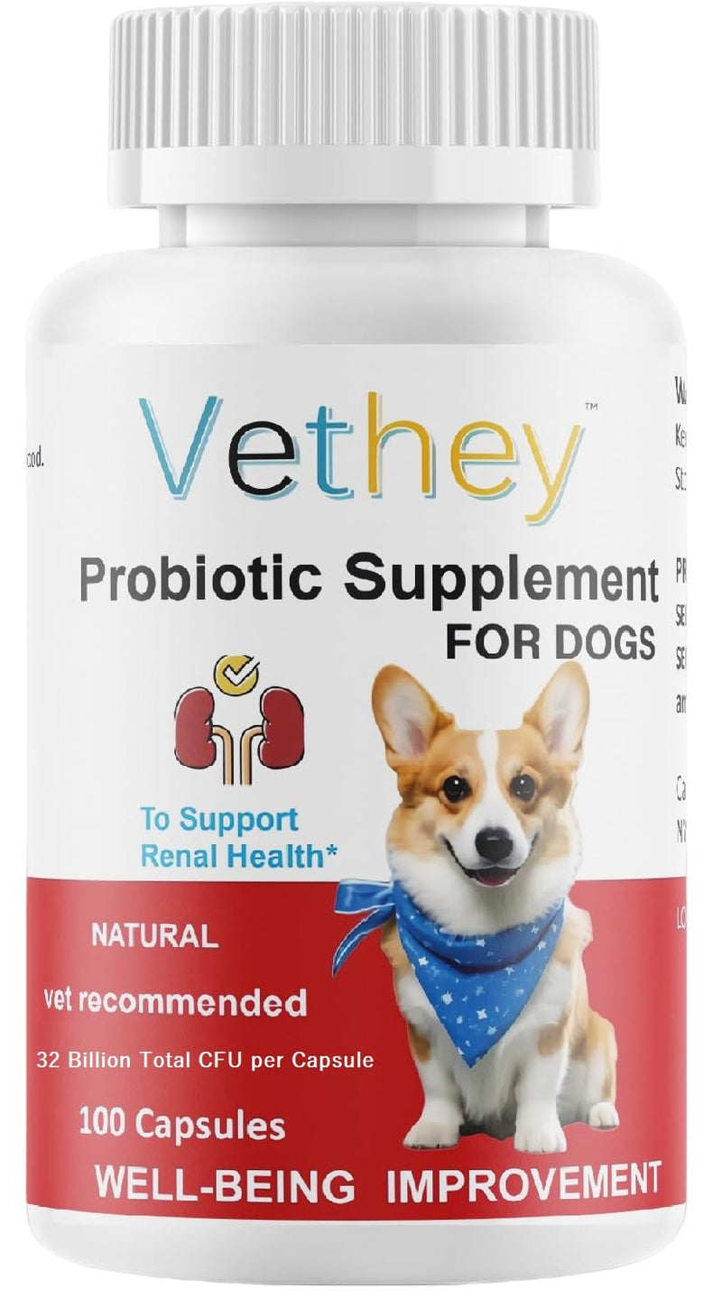 Probiotic Supplement for Dogs,Kidney Health Supplement for Dogs & Cats - NO Refrigeration Required - Help Support Kidney Function & Manage Renal Toxins - 32 Billion CFU, 100 Capsules