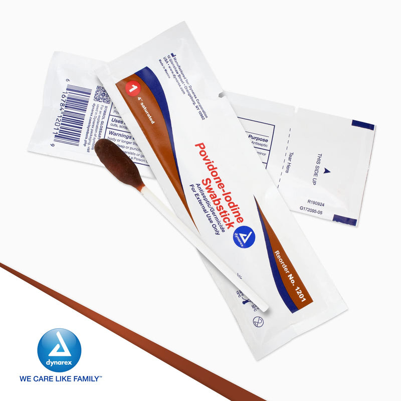 Dynarex Povidone Iodine Swabsticks, Swabstick Packaged in Individual Foil Pack, Antiseptic for Skin Preparation, Brown, 1 Box of 50 Povidone Iodine Swabsticks Unflavored 50 Count (Pack of 1)