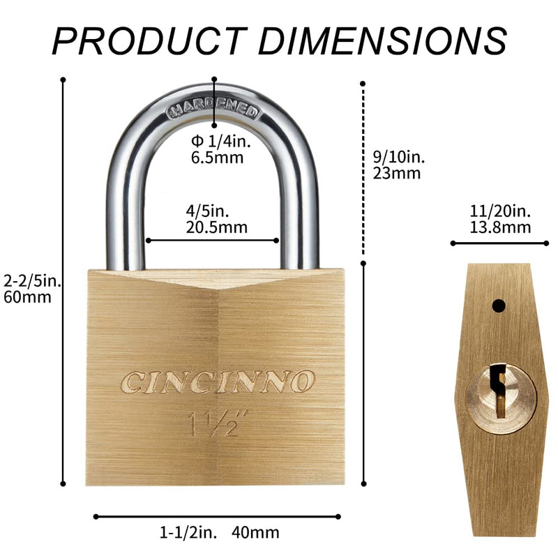 Solid Brass Padlock with Key, Key Lock with 1-9/16" Wide Body, 2 Pack Keyed Alike Locker Lock with Key 40mm 2pack