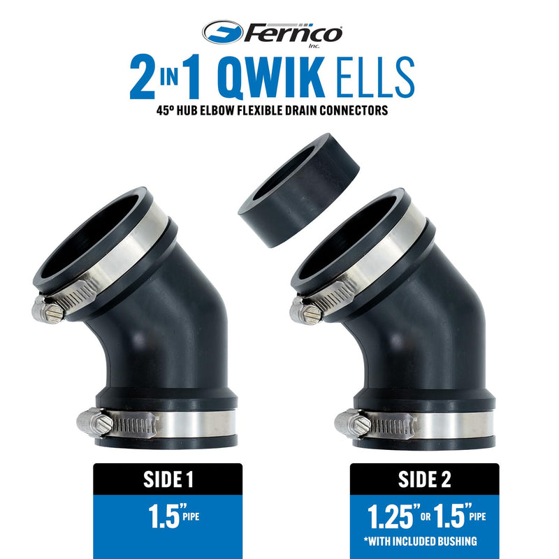 Fernco 2-Pack Qwik Ell 1.5 in. Hub 45-Degree Flexible PVC Elbow Fitting Includes Optional 1.25 in. Reducer Bushing