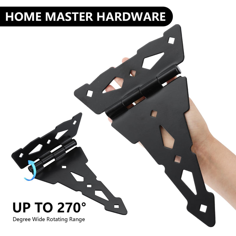 HOME MASTER HARDWARE 8 Inch Heavy Duty Decorative T Hinge Shed Storage Gate Barns Tee Hinges with Screws Black Finish 4 Pack