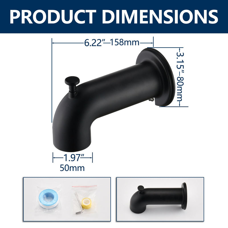 Slip-On Tub Spout with Diverter Long for Bathtub Spout, Fit for 1/2 Inch Slip Pipe, Matte Black