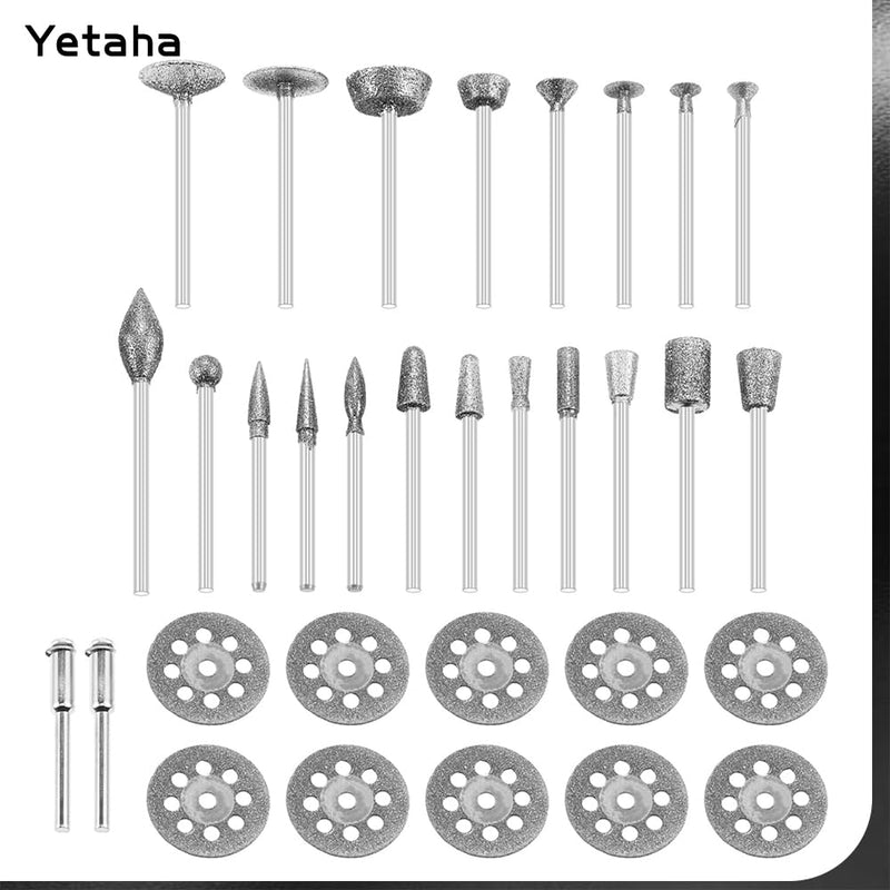 Yetaha Diamond Burr Set for Dremel, Rotary Tool, 1/8” Die Grinding Cutting Wheel Stone Glass Tile Jewelry Engraving Rock Etching Masonry, Grinder Carving Cutter Metal Engraver Kit -32pack