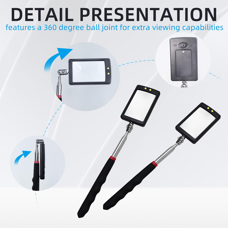 2Pcs Telescoping Lighted Inspection Mirror, 360° Rotation Mechanics Mirror Tool with 34.5" Long Extension Handle, Flexible Inspection Lighted Tool on a Stick for Mechanic, Home Inspector, Automotive