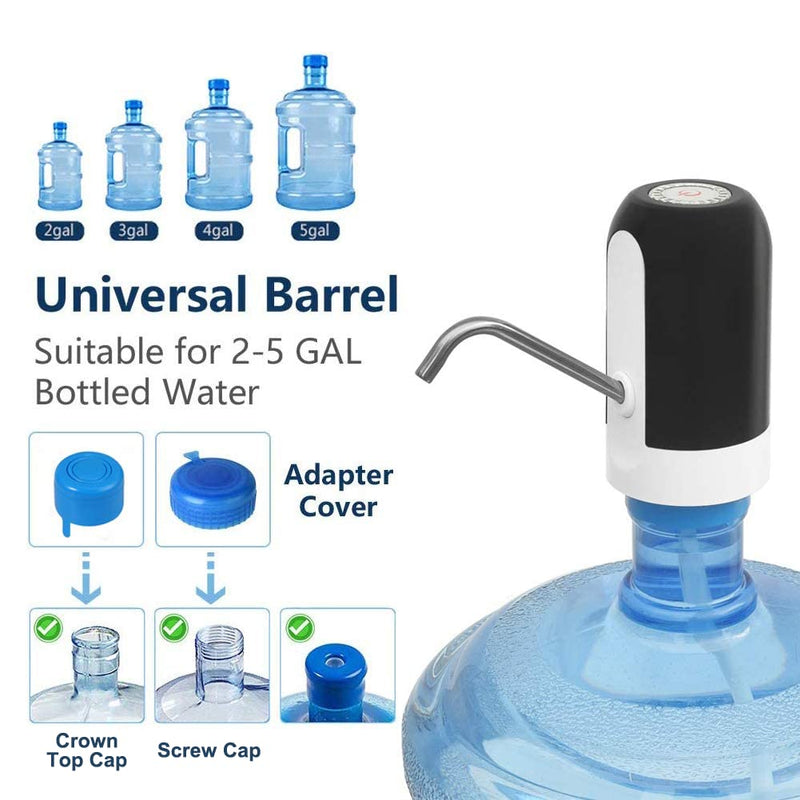 CHIVENIDO 5 Gallon Water Dispenser - Water Bottle Pump with Reusable Caps for Screw Top or Crown Tops, USB Charging Water Jug Dispenser for Universal 2-5 Gallon Bottle Black