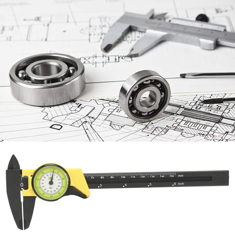 6 Inch Vernier Dial Caliper, 0-150mm Plastic Dial Caliper Vernier Caliper Gauge DIY Tools 0.1mm Read Value Imperial Standard(Yellow (English))