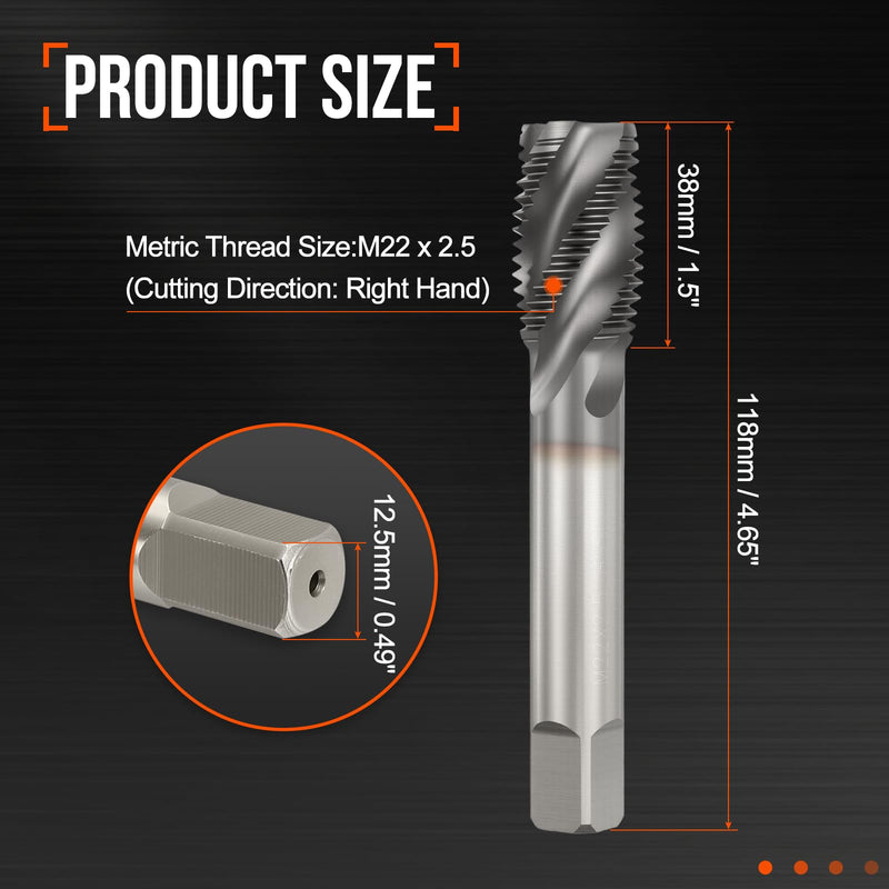 M22 x 2.5 Spiral Flute Thread Tap - M35 High Speed Steel Right Hand Thread Tap TICN Finish Screw Thread Milling Machine Taps Threading Tapping M22 x 2.5