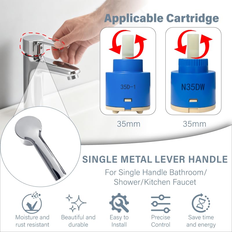 Faucet Handle,Single Faucet Handle Replacement,Compatible with 35mm Faucet Cartridge(Cartridge Stem 9 * 9mm),for Single Handle Bathroom and Kitchen Faucet Shower Handle-Silver-3