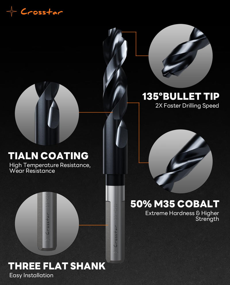 Crosstar 1 Inch Drill Bit for Hardened Metal-Industrial Grade M35 Cobalt HSS & TiAlN Coating, 135°Bullet Point for Stainless Steel Cast Iron Alloy Steel, 1/2" Reduced Shank, 6" Total Length 1Inch