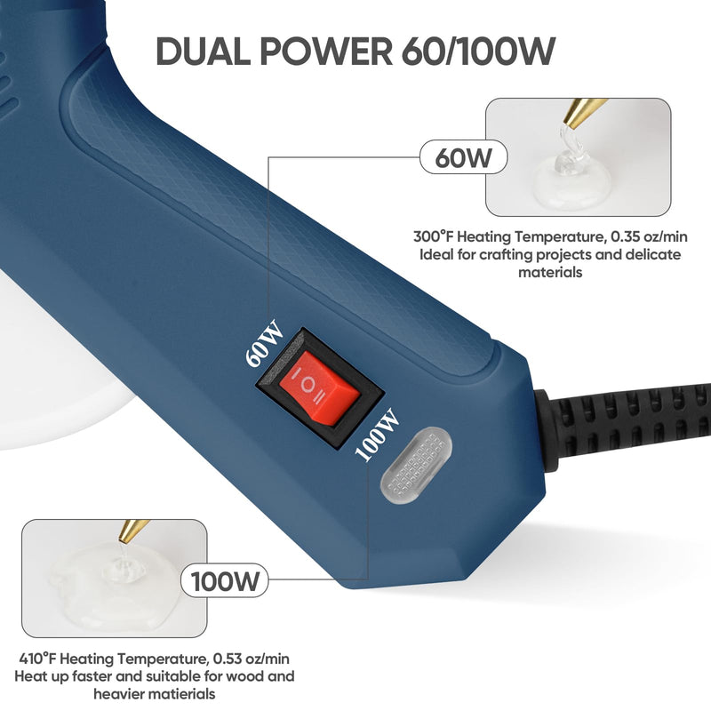 ROMECH 60/100W Dual Temp Hot Glue Gun and Sticks Set, Full Size with Case Blue