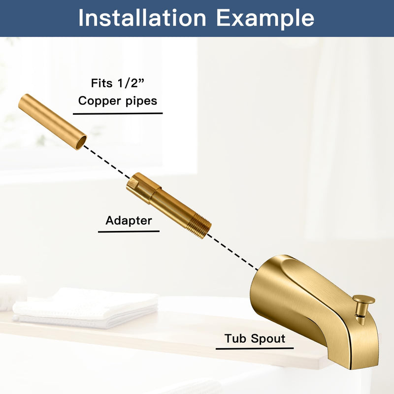 Tub Spout with Diverter, Heavy Duty All Metal Bathtub Faucet with Brass,Shower Slip-on Bathtub Faucet for 1/2 Inch Copper Pipe,5-3/8 Inch Bath Tub Faucet Replacement,Brushed Gold Brushed Gold