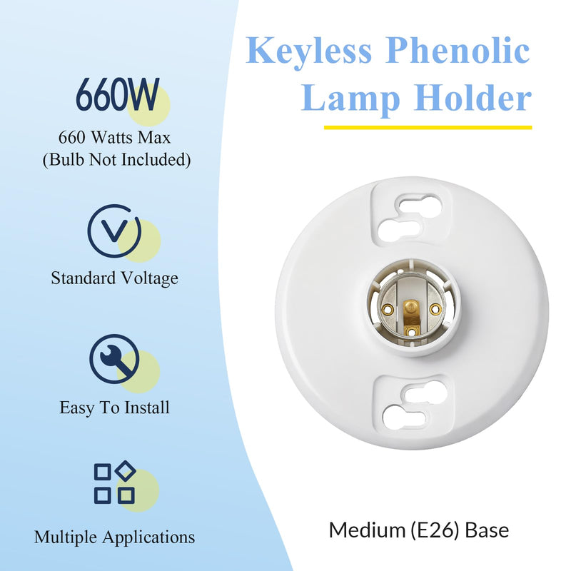 4 Pcs Medium Base E26 Lampholder Keyless Top Lamp Holder Ceiling Light Sockets White Phenolic Bulb Socket Incandescent Fluorescent CFL Lampholder 660w 250v 4