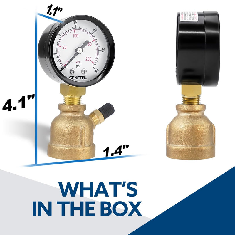 0-30 Psi Gas Pressure Test Gauge, 2" Dial Size, 3/4" FNPT Connection, Brass Valve, Forged Brass Bell Shape Body Assembly 0-30 psi